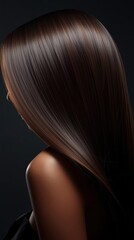 Fototapeta premium Side profile of a person with glossy, smooth, and straight dark brown hair against a black background.