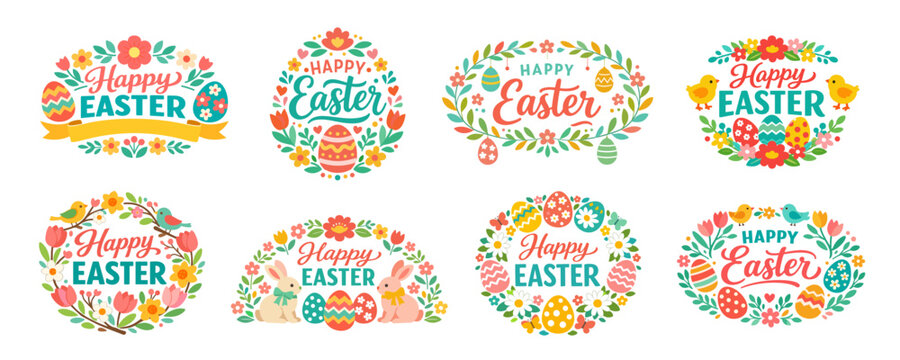 Happy Easter wreath collection. Floral frames with eggs rabbits birds and spring leaves. Decorative greeting compositions in bright palette