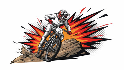 Mountain biker riding downhill over rocks with speed burst effect vector illustration © Muh
