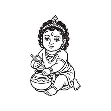 This black and white line art illustration depicts baby Krishna, known as Bala Krishna. The chubby child figure, adorned with a crown and jewelry, is sitting on the ground. He holds a spoon or stick, 