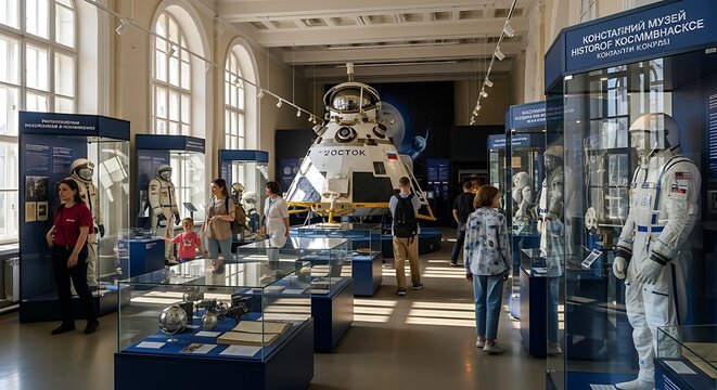 Visitors observe space exploration exhibits in a museum.