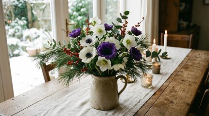 Fototapeta premium A beautiful bouquet of white and purple anemone flowers with evergreen branches in a rustic pitcher on a wooden table, set for a cozy winter meal with candles and soft light.