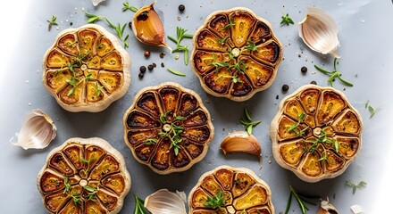 Roasted garlic bulbs with fresh thyme and black peppercorns on a light gray background, viewed from above. The garlic cloves are caramelized and golden brown.