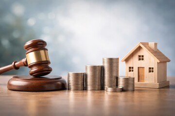 Wooden gavel and coins stacked beside miniature house on table  legal finance and real estate concept JPG image