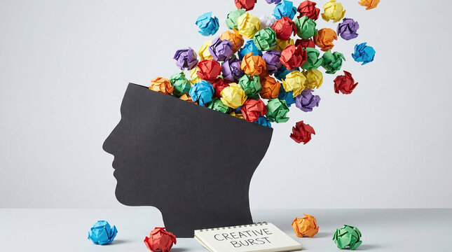 Conceptual black head silhouette exploding with colorful paper ball representing creativity, idea and inspiration. Energetic imagination bursting from open mind shows brainstorming thought process