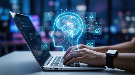 Focused developer hand typing on laptop with glowing artificial intelligence brain hologram symbolizing futuristic digital technology innovation and smart cyber network concept