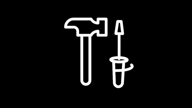Simple line art icon of a hammer and a screwdriver on a black background