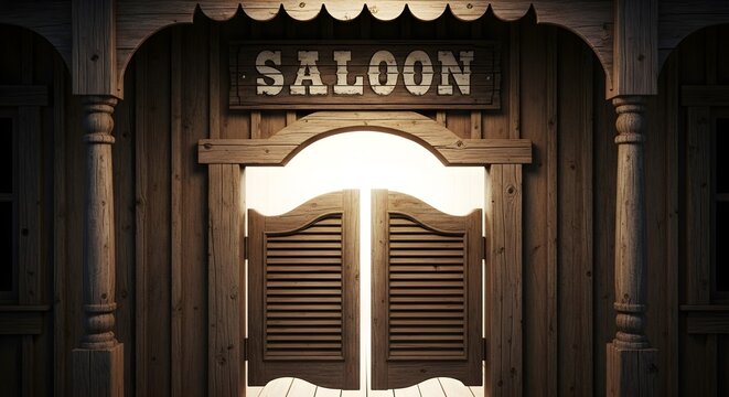 Old West wooden saloon entrance with swinging doors and a glowing light emanating from within, featuring a prominent "SALOON" sign above the archway in a vintage style.