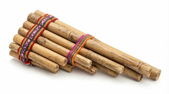 Andean Pan Flute Made of Bamboo Tied with Colorful Woven Fabric, Traditional Musical Instrument from South America, Isolated on White Background