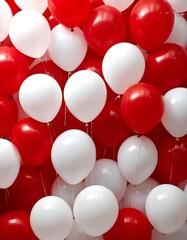 A dense field of red and white balloons fills the frame in a celebration or festive atmosphere