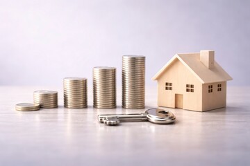 Wooden house model with stacked coins and metal key on white surface for real estate investment and savings concept JPG image