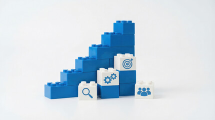 Obraz premium Conceptual blue plastic block stairs illustrating steady business growth strategy success. White toy bricks with icons represent development progress step achievement