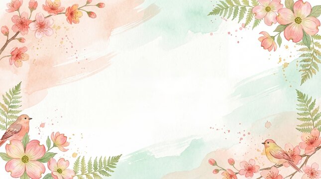 Watercolor spring background with birds and cherry blossoms. Floral frame with pink flowers and green ferns. Copy space for text