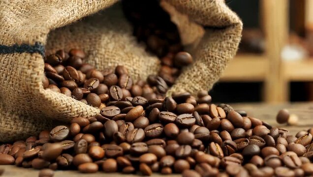Cozy 4K stock video capturing stream of fresh coffee beans spilling dynamically out from burlap sack showcasing ir rich color and texture in warm inviting