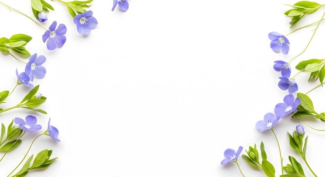 Delicate blue periwinkle flowers and green leaves on white background