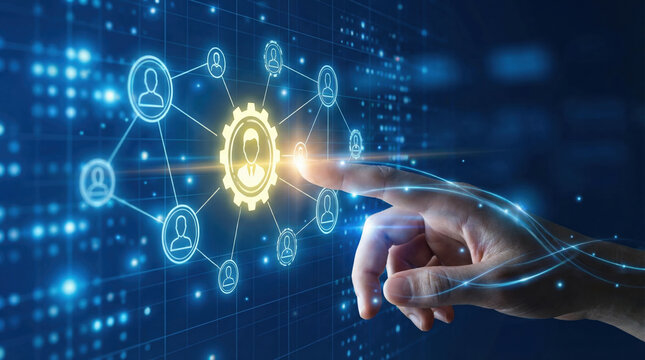 Futuristic technology network connection concept with digital business hand touching human resource management system representing global innovation and confident professional efficiency
