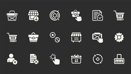 Set of white outline icons on black background for design elements