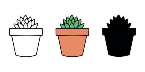 Obraz premium Small succulent plant in a terracotta pot, featuring line art, color, and silhouette variations. Cute desert plant icon vector illustration.