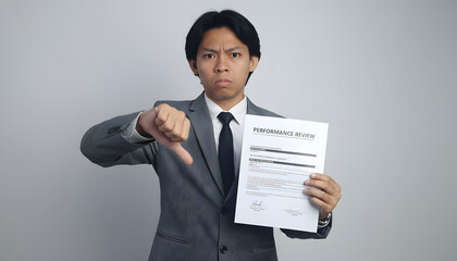 Performance review thumbs down by asian businessman in gray suit expressing disapproval and negativity showing disappointment and dissatisfaction on plain background