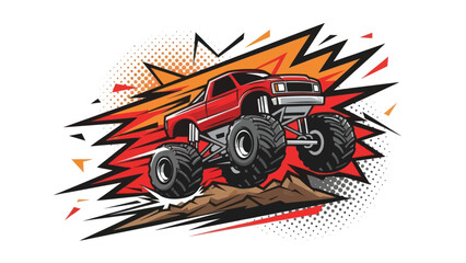 Red monster truck illustration with explosion effect on a white background © Muh
