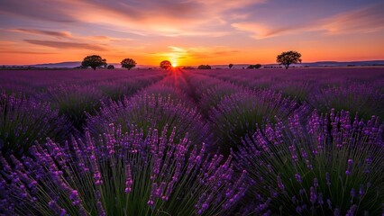 Fototapeta premium Lavender Field at Sunset with Trees.