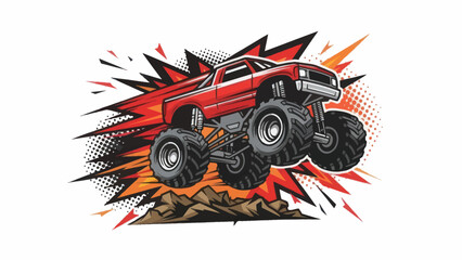 Red monster truck jumping over hills illustration against white background © Muh