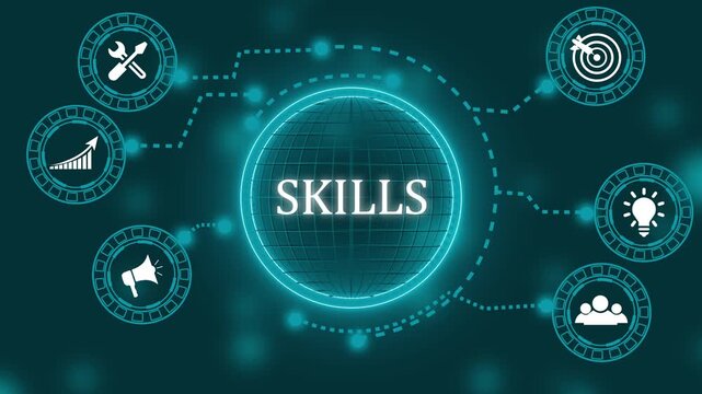 Skills development diagram with business icons and globe