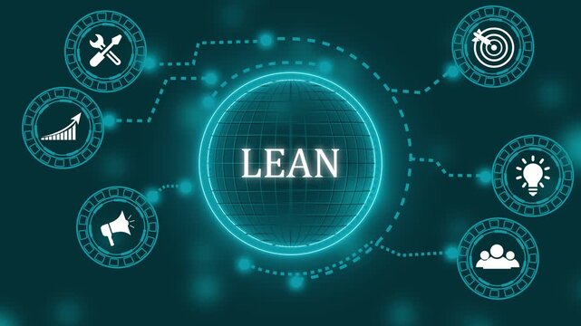 Lean methodology diagram with business icons and globe