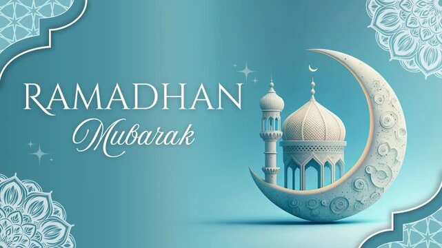3D Ramadan Mubarak Islamic Background with Mosque and Crescent Moon on Blue Sky