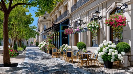 Fototapeta premium Charming Outdoor Café Scene with Colorful Flower Displays and Cobblestone Pathway in a European City Park Setting