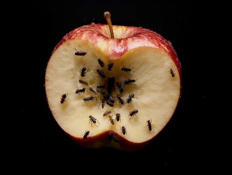 A cut apple is swarming with insects against a stark black background