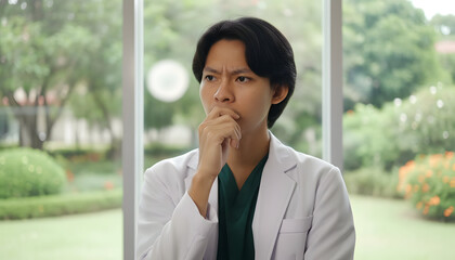 Fototapeta premium Pensive doctor portrait with concerned expression in thoughtful contemplation with hand on chin pondering difficult decision and problem solving medical professional