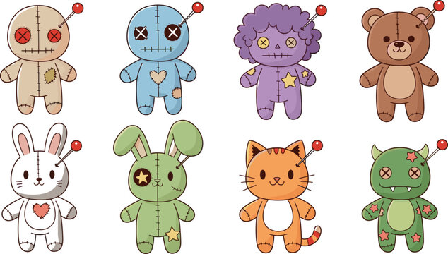 Cute spooky voodoo doll plush toy collection with stitched teddy bear, bunny, cat and monster characters cartoon illustration set