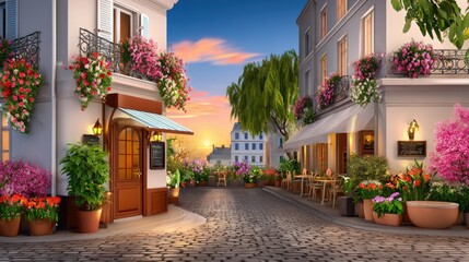 Obraz premium Charming European Street Scene with Flower-Covered Balconies and Sunset Sky in a Quaint Neighborhood