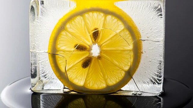 Lemon Slice Frozen in Ice Cube for Refreshing Drink.
