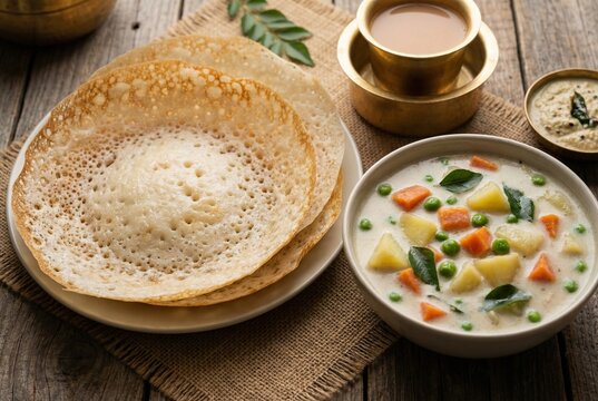 Kerala Appam with Vegetable Stew Traditional South Indian Breakfast