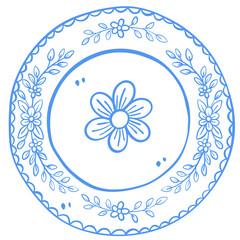 Vintage Floral Plate Line Art Illustration in Blue Cottage Style