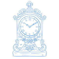 Vintage Ornate Mantel Clock Line Art Illustration in Blue Cottage Style
