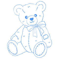 Vintage Teddy Bear Line Art Illustration in Blue Cottage Style
