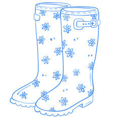 Vintage Floral Rain Boots Line Art Illustration in Blue Cottage Style