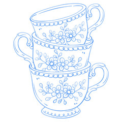 Stacked Vintage Floral Teacups Line Art Illustration in Blue Cottage Style
