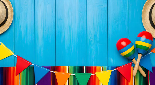 Vibrant cinco de mayo decorations with maracas and colorful flags