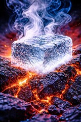 Melting Ice Block On Burning Lava Rocks With Dramatic Steam And Fiery Contrast Symbolizing Climate Change Global Warming And Environmental Crisis