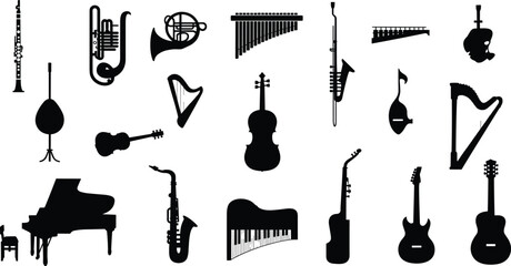 Silhouettes of musical instruments, piano, guitar, violin, saxophone, harp, flute, clarinet, percussion, orchestra, symphony, jazz, classical, music collection,  © Its Butterfly