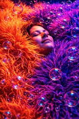Serene Woman Resting In Vibrant Neon Faux Fur Surrounded By Floating Soap Bubbles In Dreamlike Color Therapy And Sensory Relaxation Concept