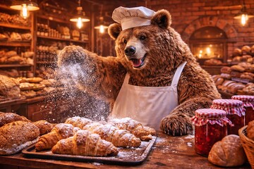 Anthropomorphic Grizzly Bear Baker Dusting Fresh Croissants With Powdered Sugar in Rustic Artisan Bakery Kitchen &ndash; Whimsical Culinary Fantasy, Cozy Warm Lighting and Gourmet Pastry Advertising Concept