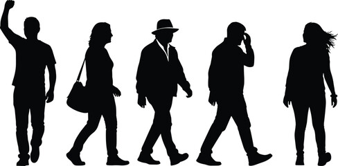 Obraz premium Diverse group of five people walking in silhouette against a white background showcasing different styles and poses