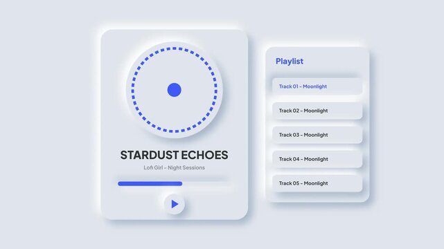 Neumorphic music player interface with playing track and playlist