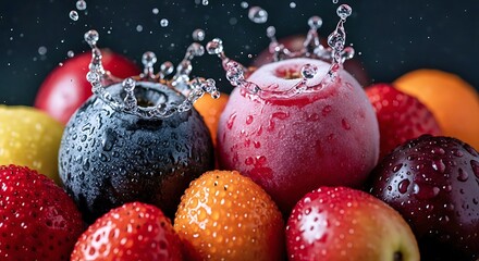 Explosive Fresh Fruit Splash With Water Crown Impact On Juicy Apples Berries And Plums For Healthy Refreshing Beverage Advertising Concept