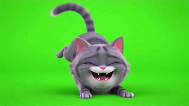 Playful gray cartoon cat stretching on a bright green background.